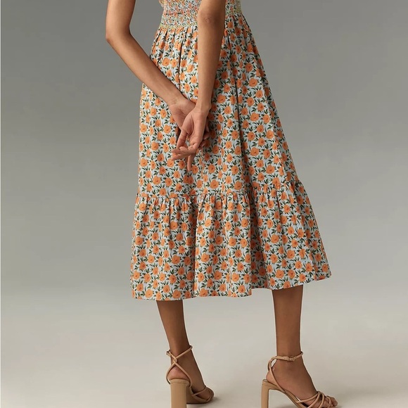 Anthropologie Floral Smocked Midi Dress Square Neck Cotton Large NWT - Picture 7 of 10